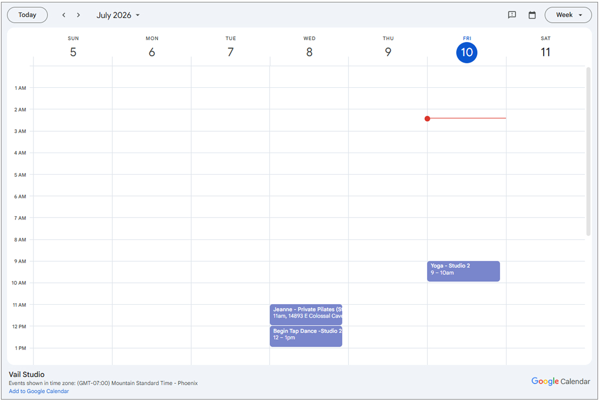 Vail Studio weekly class schedule calendar